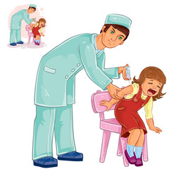 Vector illustration of a nurse doing an inoculation to a small girl, vaccination against flue, pox, tetanus, hepatitis, polymelitis. Print
