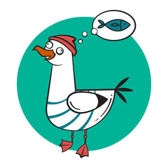 Funny cartoon seagull, dreaming.
