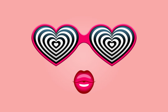 Glamorous heart-shaped sunglasses with hypnotic heart patterns, and pink lips