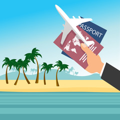 Businessman's hand holding passport with airplane over tropical beach. Flight travel concept