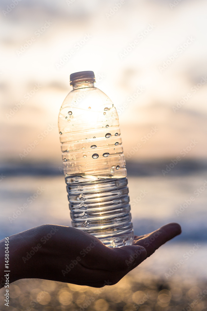 Wall mural female hand with a plastic bottle of water on a sky background