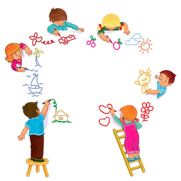 Vector illustration of little boys and girls draw with colored pencils. Print