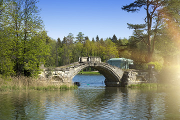Fototapeta na wymiar The small shabby bridge in park over a pond