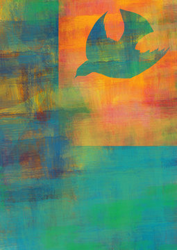 Holy Spirit, Pentecost or Confirmation symbol with a dove, and bursting rays of flames or fire. Abstract modern religious digital illustration background