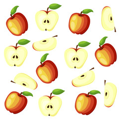 Red Apples with Green Leaves and Apple Slice Vector Illustration. Flat vector pattern background