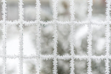 Many fence windows with frozen snow crystals on surface