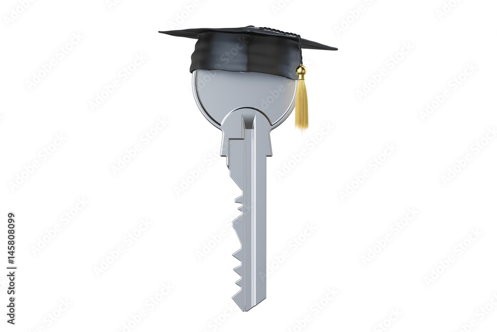 Poster key with graduation cap. knowledge concept, 3d rendering