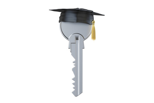 Key with graduation cap. Knowledge concept, 3D rendering
