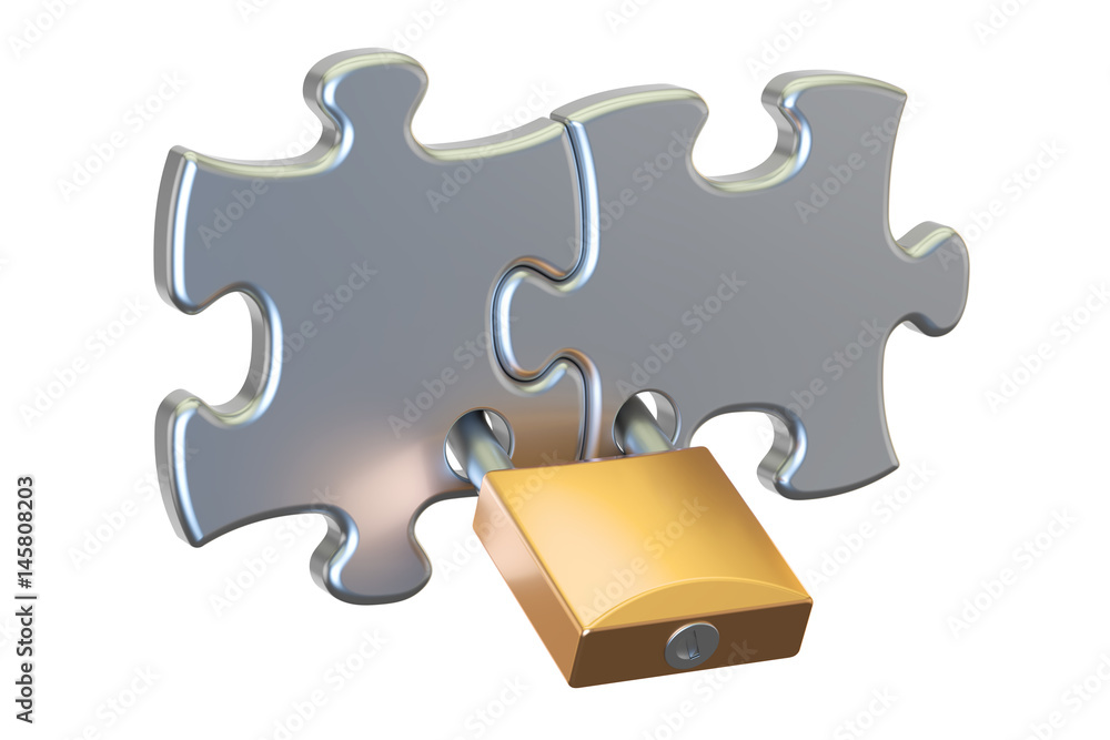 Poster security concept. padlock with puzzle, 3d rendering