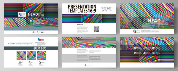 Business templates in HD format for presentation slides. Easy editable abstract vector layouts in flat design. Bright color lines, colorful style with geometric shapes, beautiful minimalist background