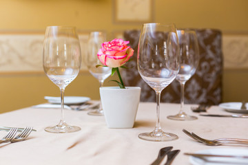 Pink rose in a vase as table decoration. Table setting