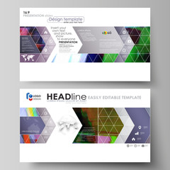 Fototapeta premium Business templates in HD format for presentation slides. Abstract vector layouts in flat design. Glitched background made of colorful pixel mosaic. Digital decay, signal error, television fail.