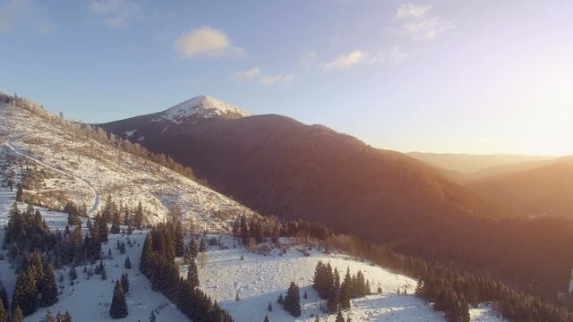 4K Aerial Drone View: Flight over Ski resort in winter. Bright colorful sunset. Mountain range with pine tree forest around. Majestic nature landscape. Bukovel, Carpathian Mountains, Ukraine