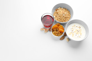 Composition with tasty yogurt on white background