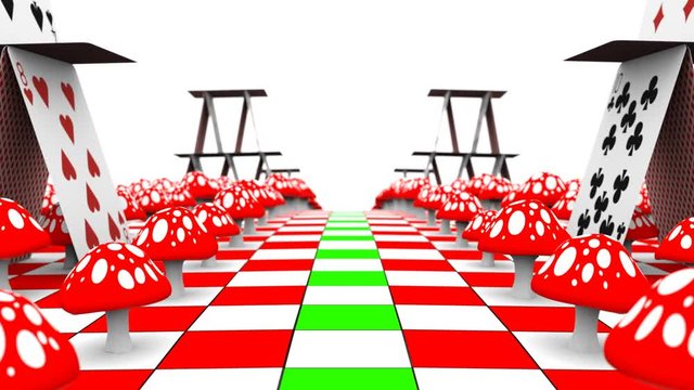 Movement of a view along the amanita and playing cards on the chessboard with mask. 3D-Rendering. UHD - 4K
