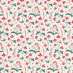 Floral seamless pattern, Jacobean style flowers. Colorful herbal background. Vector illustration. Jacobean floral, herbal collection.