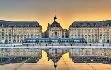 Place de la Bourse reflecting from the water mirror in Bordeaux, France - obrazy, fototapety, plakaty