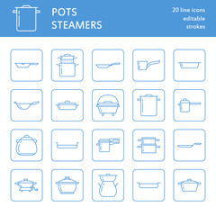 Pot, pan and steamer line icons. Restaurant professional equipment signs. Kitchen utensil - wok, saucepan, eathernware dish. Thin linear signs for commercial cooking store. Outline symbols blue color.