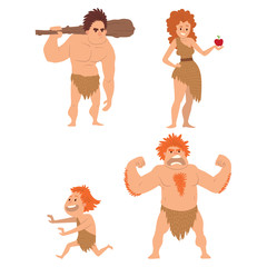 Caveman primitive stone age cartoon neanderthal people character evolution vector illustration.