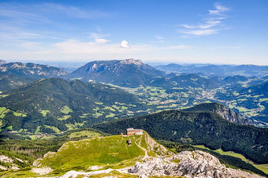 View from the Pathway up to Watzmann Mountain (2713m) in the Bavarian Berchtesgaden Alps. In the background you can see Watzmannhaus cabin / chalet and Untersberg mountain at the austrian border.