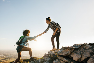 Two young women hiking in nature