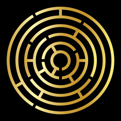 Maze Symbol Round Icon Design. Vector gold simple circle labyrinth sign or logo element isolated on black background