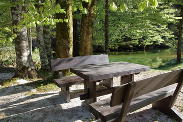 Fototapeta na wymiar Wooden bench and table by the river in nature. Relaxation and vacation concept.