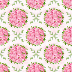 Peony flowers seamless pattern background. Tender pink flowers. Wedding design. Watercolor illustration