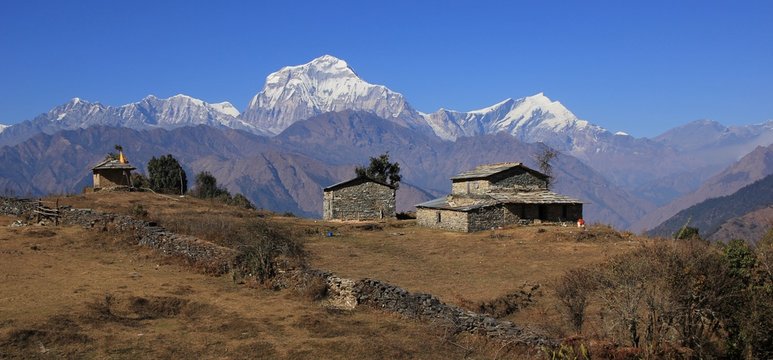 View from a place near Gorepani, Nepal. Old farmhouse and shed. Dhaulagiri range.