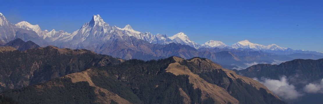Autumn day in the Himalayas. Annapurna range seen from Mohare Danda, Nepal.