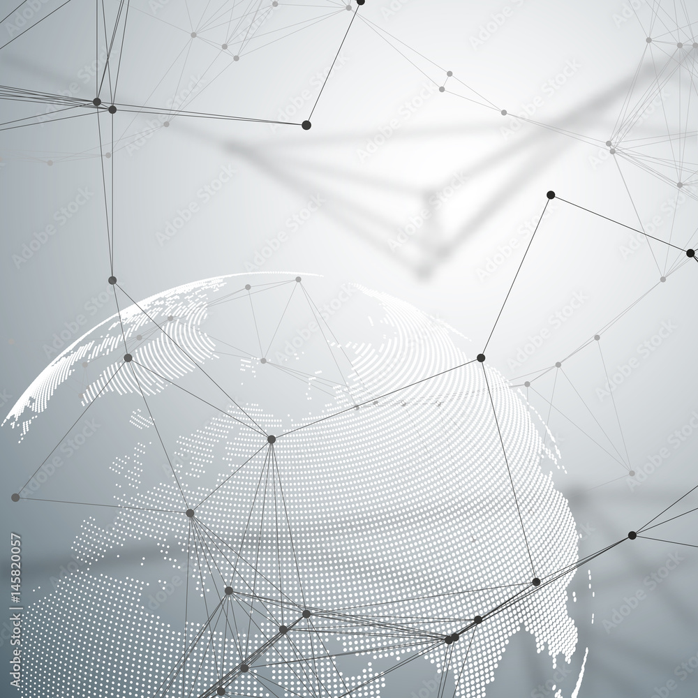 Poster abstract futuristic background with connecting lines and dots, polygonal linear texture. world globe