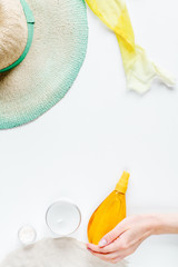 cream and lotion cosmetic for sun protection top view space for text