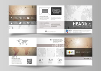 The abstract minimalistic vector illustration of the editable layout. Two creative covers design templates for square brochure. Global network connections, technology background with world map.