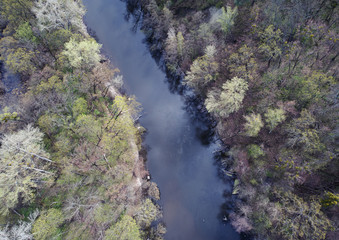Wide river flowing through spring forest, aerial shot