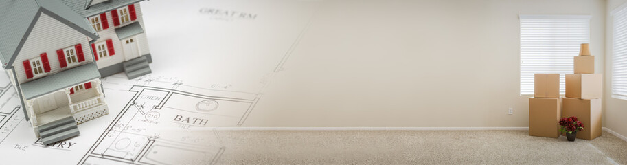Gradated Banner with Model Home, House Plans and Empty Room with Boxes.