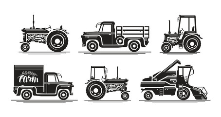 Farm transport, set icons. Agricultural tractor, truck, lorry, harvester, combine, pickup, car symbol. Silhouette vector illustration