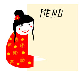 Nice asian girl showing a menu for a restaurant