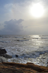 Rock coast. Big indian ocean waves. Sri Lanka