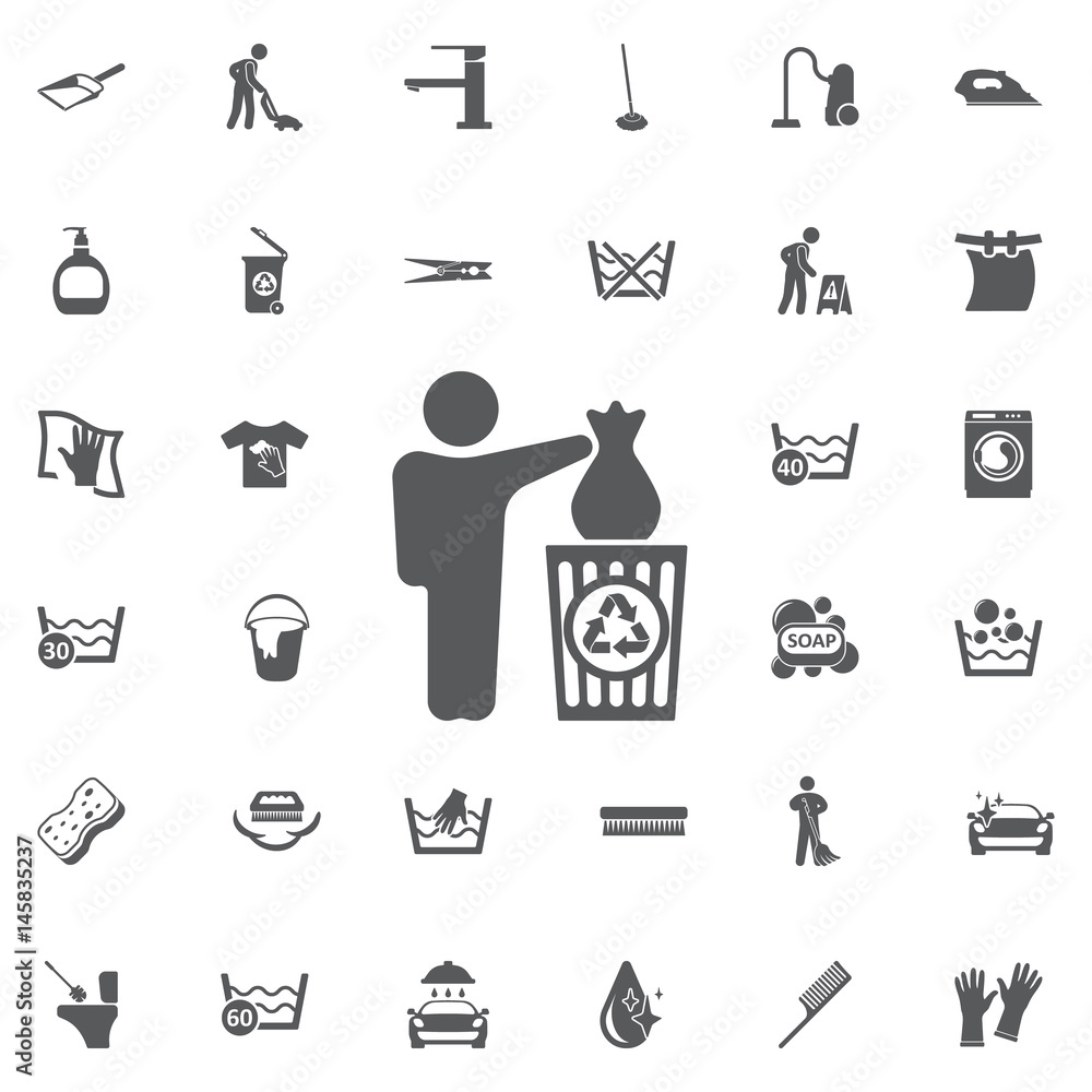 Poster man throwing garbage in bin. vector icon.