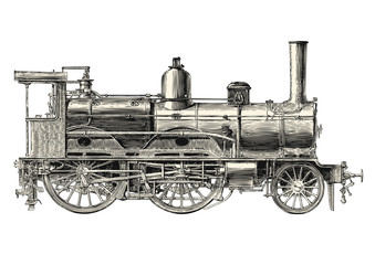 Fototapeta na wymiar retro transportation and travel engraving / drawing: vintage locomotive - vector design element