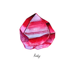 Ruby gem. Watercolor painted crystal. Illustration on white background.