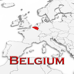 3D Map of Belgium with Country Name Highlighted Red on White Background 3D Illustration