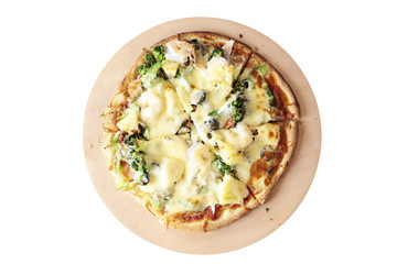 Pizza on wooden plate isolated on background