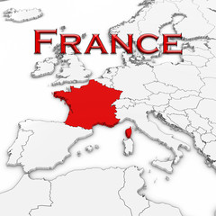 3D Map of France with Country Name Highlighted Red on White with White Background 3D Illustration