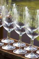 Empty wine glasses prepared for serving