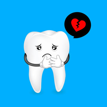 Cute cartoon tooth character sadness. Broken heart concept, illustration.