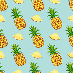 Cartoon fresh pineapple fruits in flat style seamless pattern food summer design vector illustration.