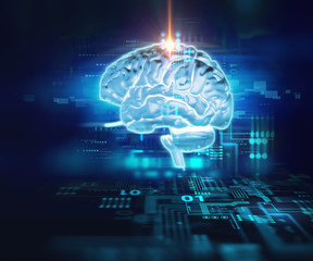 3d rendering of human  brain on technology background