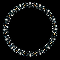 drawing of a round silver gradient frame  with floral ornament on a black background