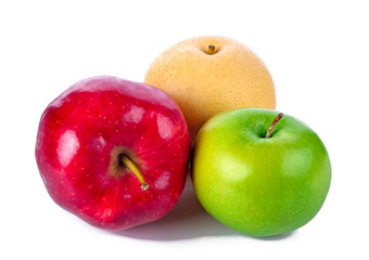 Pear, green and red apples isolated on white with clipping path